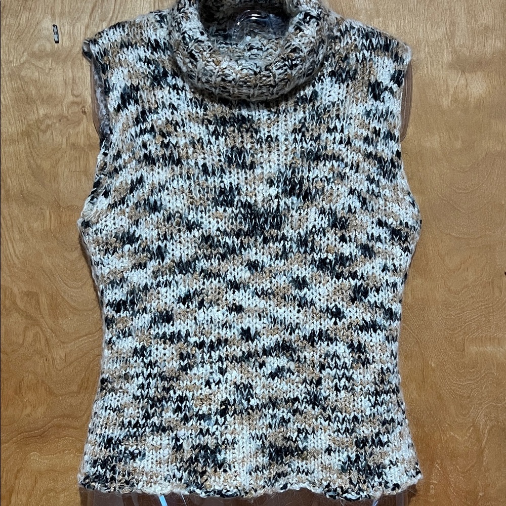 Women's SIBO PARIS Speckled Knit Turtleneck Sleeveless Sweater Black/Cream Sz.M